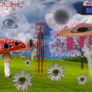 a computer screen with mushrooms and flowers in the foreground, an eyeball hovering above them Weirdcore Halloween Cool Keyboard, Weird Pc, Weirdcore Chromebook, Dream Core Pc, Mushroom Ipad, gray