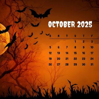 a calendar with bats flying in the night sky over a cemetery and graveyard at halloween October 2025 Calendar Halloween October, City Flowers, Computer Desktop, New Year, Winter Background, maroon