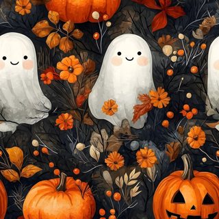 a group of halloween pumpkins and ghost faces on a black background with orange flowers Free Halloween Iphone Fall Spooky, Art Halloween, Ghost And Pumpkin, saddle brown