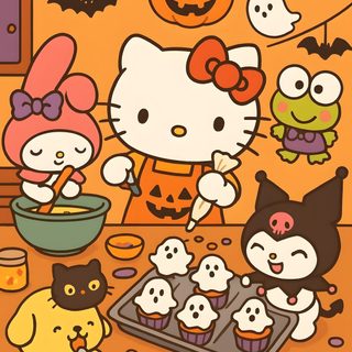 an image of hello kitty eating halloween treats Sanrio Hello Kitty Halloween Y2k Pink Aesthetic, Kitchen Smells, Hello Kitty Pictures, Y2k Pink, peru