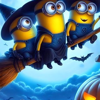 three minions sitting on top of a broom in front of a full moon with pumpkins Minions Halloween Minion Halloween Quotes, Minion Witch, Minions Halloween Background, steel blue
