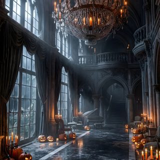 a large hall filled with lots of pumpkins and chandeliers in front of windows Halloween Chandelier dark slate gray
