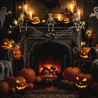 a fireplace decorated for halloween with skeletons and pumpkins Halloween Fireplace Halloween Fireplace, Halloween Fireplace Ambience, Halloween Fireplace Decor Pumpkins, black
