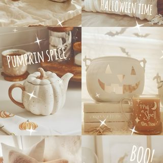 there are pictures of pumpkins and other items on the shelf in this collage Aesthetic Beige Halloween Dia De Los Muertos, Autumn Fall Halloween, Halloween, White Autumn, tan