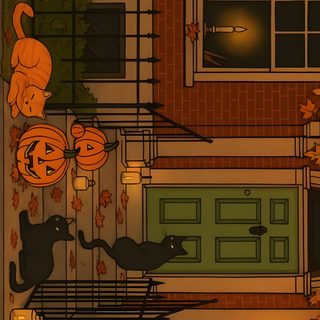 halloween scene with cats and pumpkins on the porch Ipad Halloween Horizontal saddle brown