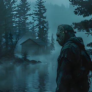 a person standing in front of a body of water at night with a mask on Jason Halloween Jason Voorhees Iphone, Friday The 13th Tattoo, Jason Voorhes, dark slate gray