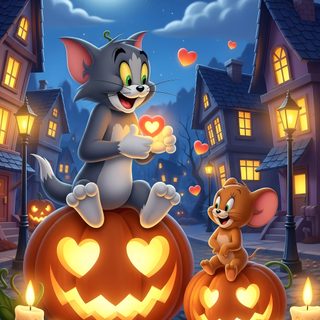 a cartoon cat sitting on top of a pumpkin in front of a house with candles Tom And Jerry Halloween Tom And Jerry Pictures, Scary Photos, Disney Toms, Tom And Jerry Cartoon, dim gray