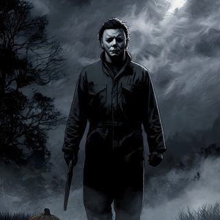 a man with a knife standing in front of a field full of pumpkins at night Halloween Iphone Michael Myers Michael Myers Scary, Michael Myers Art, Scary Michael Myers, dark slate gray