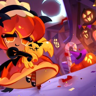 an animated halloween scene with pumpkins and jack - o'- lanternes in the background Cookie Run Kingdom Halloween Witch Cookie, Pumpkin Pie Cookies, Hazelnut Cookies, Halloween Ball, brown