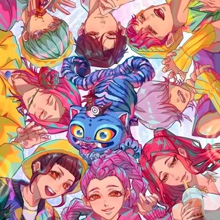 some anime characters are standing together with their hands in the air and one is holding a drink Kpdh Halloween Kpdh Fan Art, Ensemble Characters, Hunters And Saja Boys, Huntrix Aesthetic, rosy brown