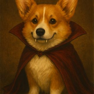 a painting of a corgi dog wearing a red cape and smiling for the camera Corgi Halloween Corgi Art, Demon Corgi, Corgi Illustration, Dog Wall Decor, Halloween Corgi Cartoon, maroon