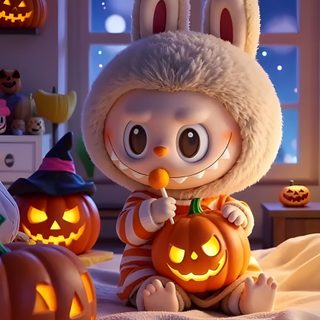 a little bunny sitting on top of a bed next to jack - o'- lanterns Halloween Labubu Labubu Cute, Labubu Pumpkin Painting, Labubu Halloween Costume, dim gray