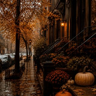 an autumn scene with pumpkins and leaves on the ground in front of a row of buildings Autumn Aesthetic Autumn Halloween black
