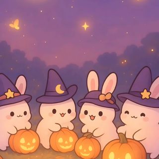 three bunny rabbits with pumpkins in front of a full moon Halloween Rabbit Cute Fall Bunny, Baby Animals Funny, Cute Bunny Halloween, Autumn Bunny, Digital, gray