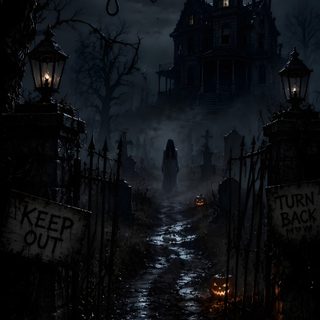 a creepy halloween scene with pumpkins in the foreground and a scary castle in the background Halloween Nightmare black