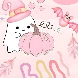 a pink background with an image of a cat and pumpkin Cute Halloween Squishmallow Cute Halloween Aesthetic Pink, Cute Pink Halloween Iphone, Pink Cute Girly Halloween, misty rose