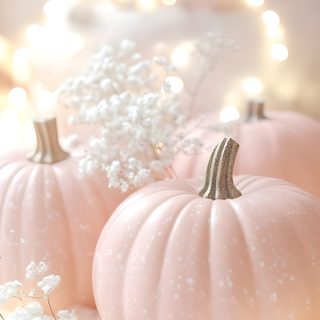three pink pumpkins with baby's breath flowers on them sitting in front of some lights Halloween Peach October, Phone Pink, November, Pink Pumpkins Background, Pastel Pumpkins, light gray