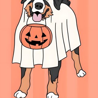 a dog with a trick or treat on it's chest, holding a jack o lantern Cute Halloween Dog Cartoon light salmon