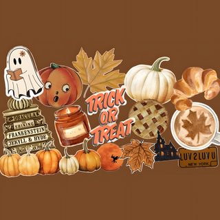 a brown background with pumpkins, cookies and other fall items on top of it Halloween Treats saddle brown