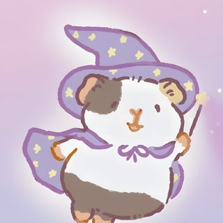 a cartoon hamster with a purple hat and stars on it's head is flying through the air Halloween Guinea Pig Halloween Guinea Pig Drawing, Guinea Pig With Crown, Guinea Pigs, thistle
