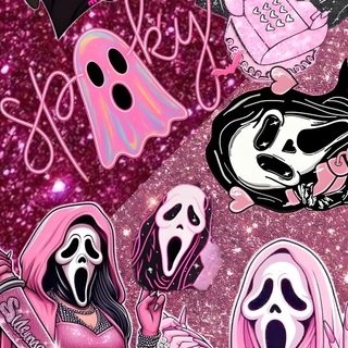 three women in pink dresses with ghost faces on their heads and one woman holding a knife Pink Halloween Ghostface Halloween Iphone, Halloween Cartoons, Cute Images For, Iphone Stills, indian red