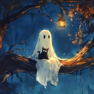 a painting of a ghost with a cat sitting on a tree branch Halloween Ghost Tree Spooky Ghost Drawing, Spooky Drawings Halloween, Spooky Ghost Art, dark slate gray