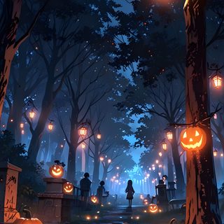 an image of a halloween scene with pumpkins in the trees and people walking around Japan Halloween Japan Halloween, Halloween Night Background Aesthetic, Halloween Street Background, dark slate gray