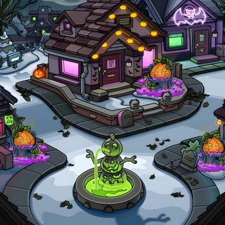 an image of a cartoon town with halloween decorations Club Penguin Halloween Club Penguin Halloween, Town Club Penguin, Club Penguin Halloween Igloo, dark slate gray