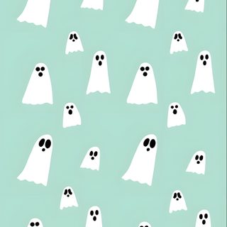 a group of white ghost heads with black eyes and noses on them, against a light green background Halloween - Ghost Mood - Aqua Teal Halloween, Blue And Gray Ghost Pattern, Cute Green Ghost,