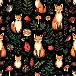 a black background with foxes and mushrooms Halloween Forest Animals Floral Vine, Nursery, Wiccan, Vines, Bonito, Baby Nursery, black