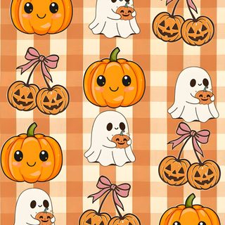 halloween pumpkins and ghostes on a checkered tablecloth Halloween Custom By Tinydesigns Summer Themed, Iphone Boho, Halloween Cute, Holiday, Halloween, sandy brown