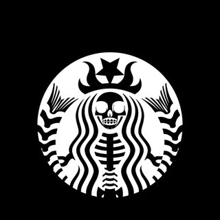 the starbucks logo is black and white with a skull on it's chest, in front of a dark background Halloween Starbucks Starbucks Skeleton, Starbucks Logo Black, Black And White Starbucks Logo,
