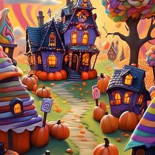 a halloween scene with pumpkins and houses Halloween Candy House Thanksgiving Backgrounds, Halloween Candy House, Halloween Village Ideas, sienna