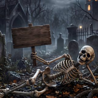a skeleton sitting on the ground holding a sign Halloween Skeletons dark slate gray