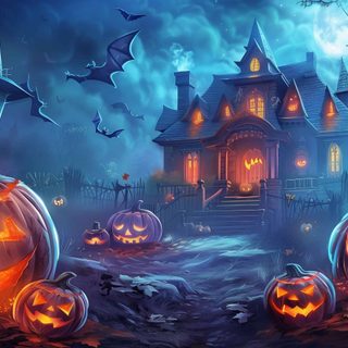 halloween pumpkins on the ground in front of a house with bats flying around it Halloween High Definition Village Backdrop, Black Ghost, Photo Halloween, Image Halloween, dark slate gray