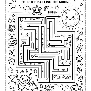 a halloween maze with pumpkins, bats and other items to help kids find the right way Halloween Maze Otomi Embroidery Playmat white