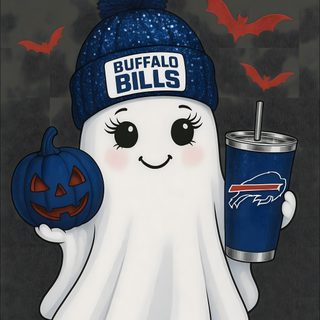 a white ghost holding a drink and wearing a blue buffalo bills knitted hat with the buffalo bills logo on it Buffalo Bills Halloween Buffalo Bills Halloween, Buffalo Bills, Buffalo Bills Aesthetic, dark slate gray