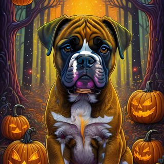 a brown and white dog sitting in front of pumpkins Halloween Boxer Dog Boxer Dog Halloween Illustration, Halloween Boxer Dog Skeleton, Cute Dog Halloween, dark olive green