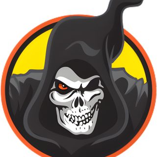 a skull wearing a hood with yellow eyes Spirit Halloween Animatronic Skull, Halloween Grim Face, Monster High Logos Skulls, dark olive green