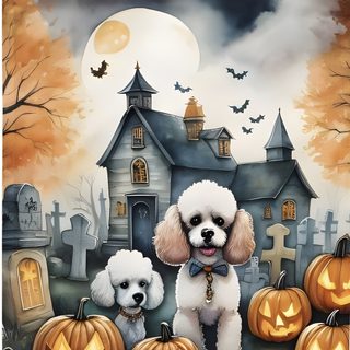 two poodles are standing in front of pumpkins and a house with bats Halloween Poodle Vampire Poodle, Halloween Border Terrier, Chihuahua Halloween Background, gray