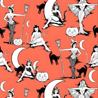 an orange background with black and white images of witches, cats, and pumpkins Pinup Halloween Retro Halloween Iphone, Retro Spooky, Retro Halloween, Halloween Retro, coral