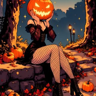 a woman sitting on the ground with a pumpkin in her hand Halloween Pin Up Halloween Cute, Witchy, Halloween Iphone, Halloween Artwork, dark slate gray