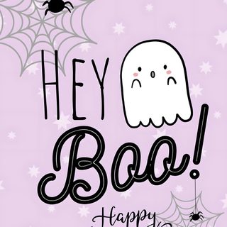 a happy halloween greeting card with a ghost and spider on it's web, says hey boo Cute Halloween Hey Boo Halloween Iphone Lock Screen, Phone Lock, Cellphone, Phone, Iphone, gainsboro