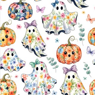 a white background with colorful pumpkins and flowers Halloween Floral Custom Festive Fall & Halloween Pattern, Colorful Ghost Fabric Patterns, Halloween Floral Pattern Fabric, linen