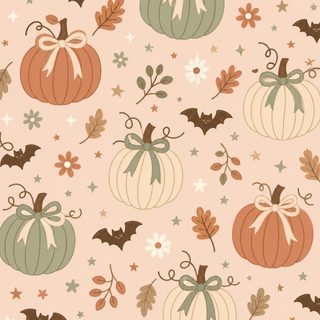 a pattern with pumpkins and bats on a pink background for wallpaper or fabric Pastel Halloween Medium-pumpkin Patch peach puff