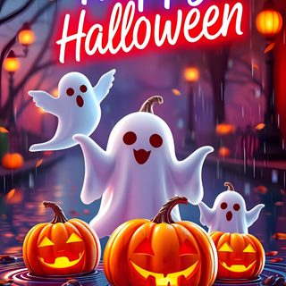 happy halloween card with ghost and pumpkins in the water on a rainy day, surrounded by falling leaves Happy Halloween 2025 dark slate gray