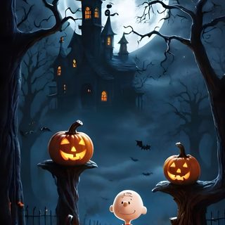 peanuts and jack - o'- lantern pumpkins in front of a full moon Peanuts Halloween With Pumpkins Charlie Brown Cartoon, Autumn Phone, Spooky Castles, dark slate gray