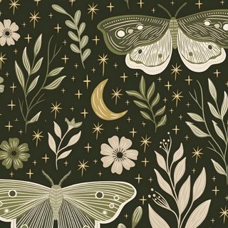 a pattern with butterflies and flowers on a dark green background, suitable for wallpaper or fabric Halloween Moth Green Moth Pattern, Moth Art Illustration, Witchy Pattern Design, Moth Art, dark slate gray