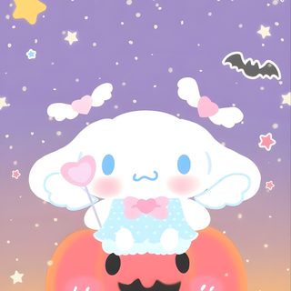 a cartoon character sitting on top of a donut in front of a purple sky Cinnamon Roll Hello Kitty Halloween Cinnamoroll Fall, Cinnamoroll Halloween, Cinnamoroll In A Pumpkin, plum
