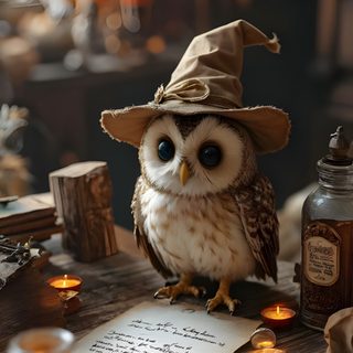 an owl sitting on top of a wooden table next to some candles and other items Halloween Owl Fall Owl Background, Harry Potter Owl, Fall Owl, Witch Owl, dark olive green